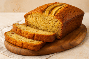 Banana Bread final dish – moist banana bread loaf sliced on a wooden board, showing fluffy golden texture inside.