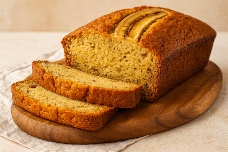 Banana Bread final dish – moist banana bread loaf sliced on a wooden board, showing fluffy golden texture inside.