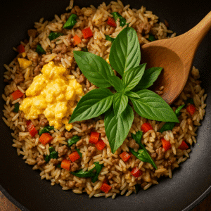 Adding scrambled egg and fresh basil leaves to finish thai basil fried rice. 🌿