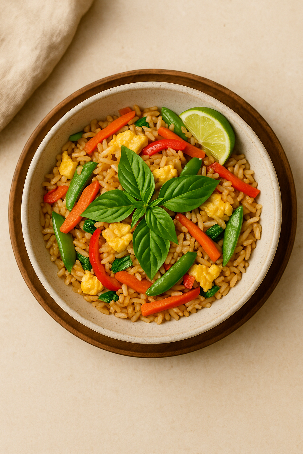 A bowl of thai basil fried rice with vegetables, egg, and basil served with lime on top. 🍋