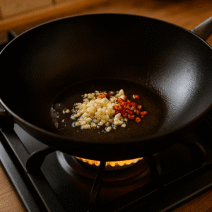 Garlic and red chili sizzling in oil in a wok on a stove to start chicken pad krapow. 🌶️