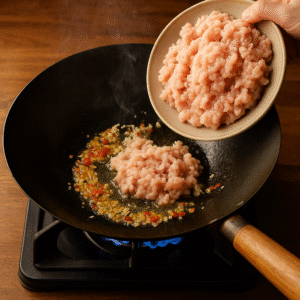 Ground chicken cooking in a wok with garlic and chili for authentic chicken pad krapow. 🍗