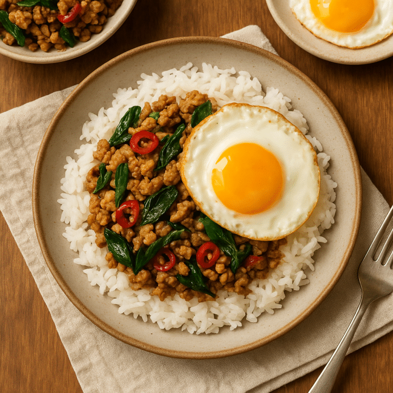 Serving chicken pad krapow over jasmine rice topped with a fried egg and basil garnish. 🍳