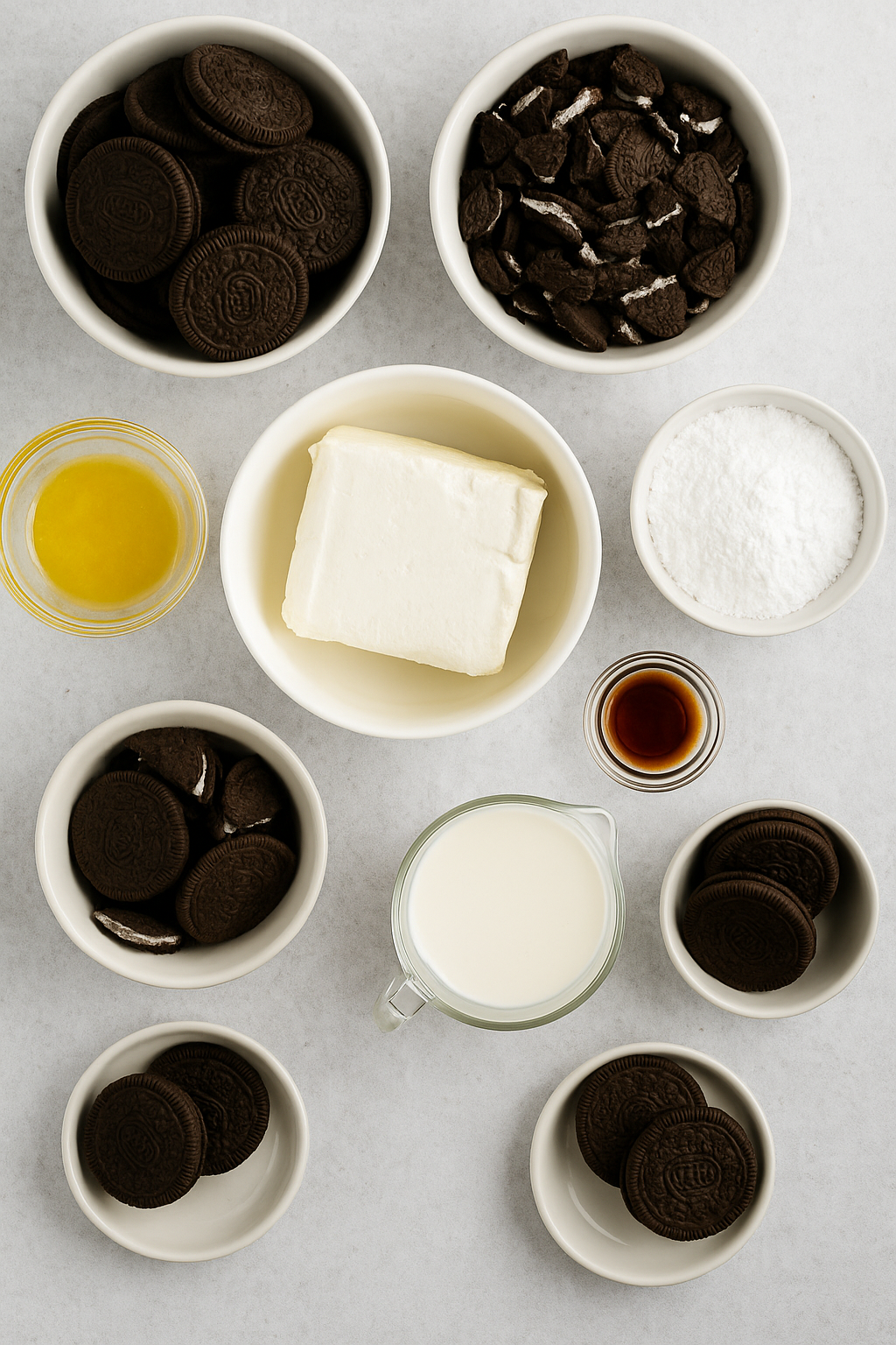 No-Bake Oreo Cheesecake ingredients – Oreo cookies, cream cheese, heavy cream, powdered sugar, vanilla, and melted butter on table.