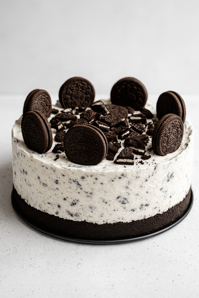 No-Bake Oreo Cheesecake final dish – creamy cheesecake topped with Oreo cookies and crumbs, served on platter.