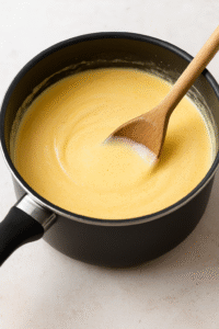 Mac and Cheese step 2 – creamy cheese sauce cooking in pan with cheddar and mozzarella melting into milk and butter.