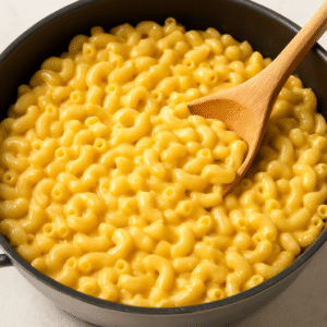 Mac and Cheese step 3 – macaroni mixed with creamy cheese sauce in skillet, stirred with wooden spoon.