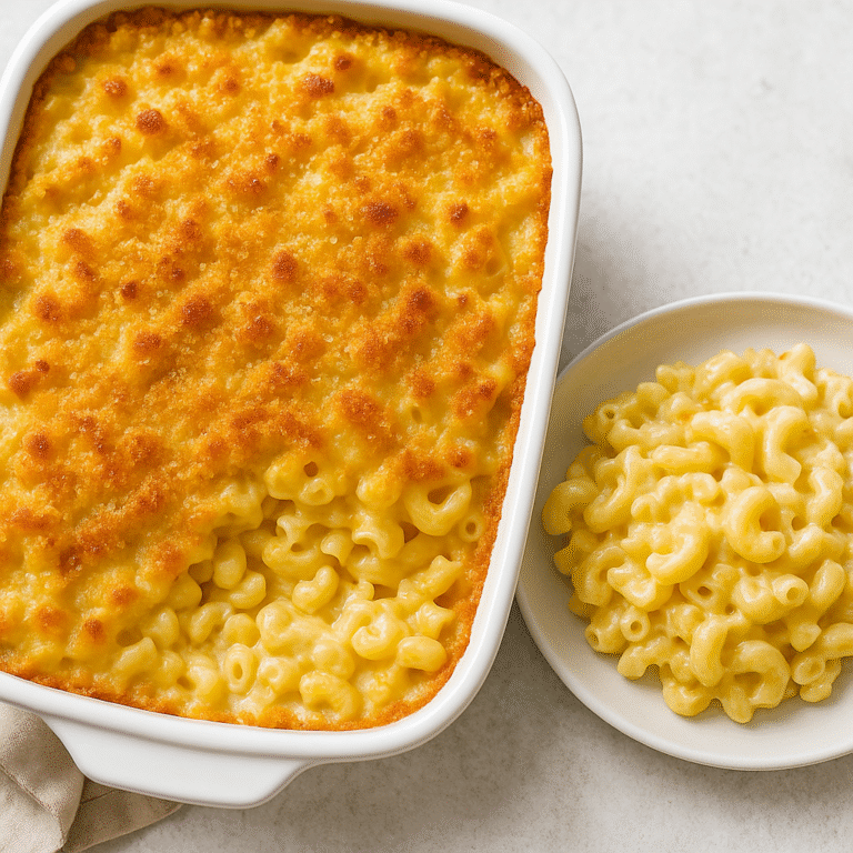 Mac and Cheese final dish – baked macaroni and cheese in ceramic dish with golden breadcrumb topping.