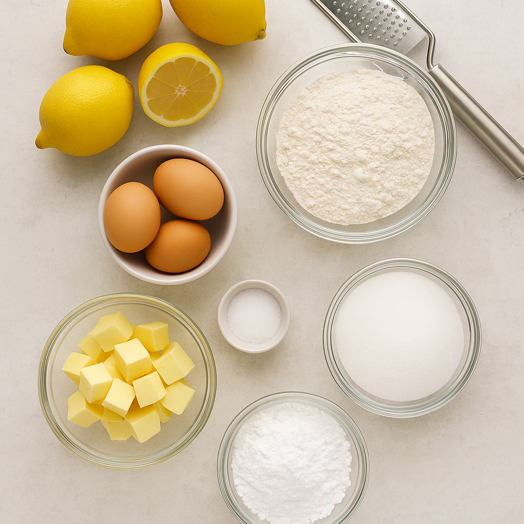 Lemon Bars ingredients – fresh lemons, eggs, butter, flour, sugar, powdered sugar, and zester on bright surface.