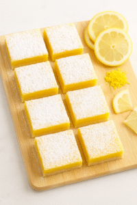 Lemon Bars final dish – square lemon bars dusted with powdered sugar and garnished with lemon slices and zest
