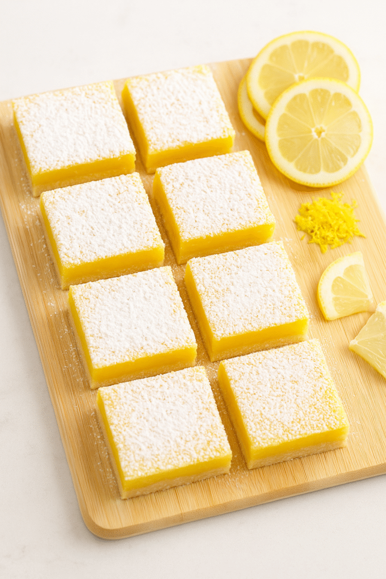 Lemon Bars final dish – square lemon bars dusted with powdered sugar and garnished with lemon slices and zest