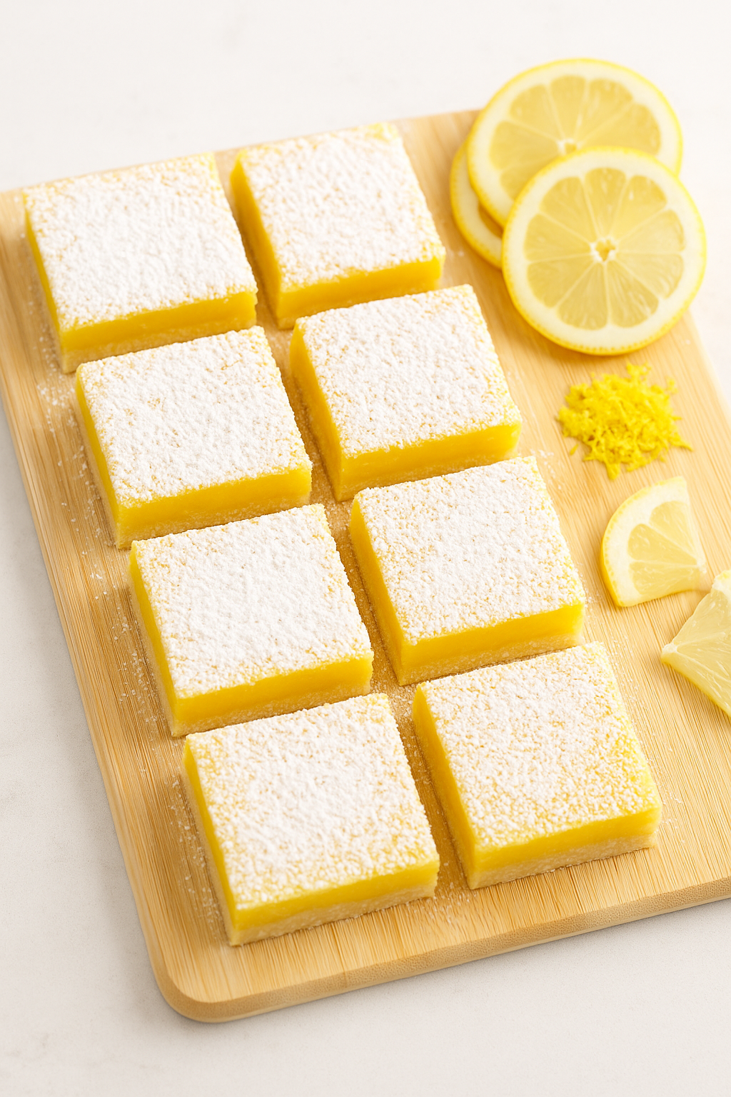 Lemon Bars final dish – square lemon bars dusted with powdered sugar and garnished with lemon slices and zest