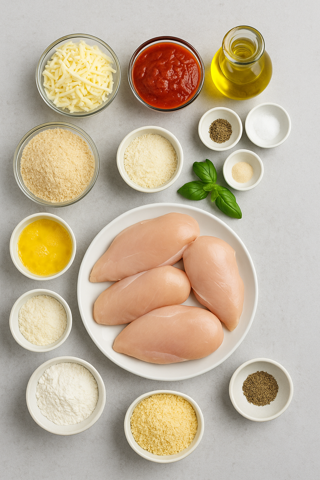Chicken Parmesan ingredients – chicken breasts, eggs, flour, breadcrumbs, Parmesan, mozzarella, marinara sauce, olive oil, and basil on kitchen surface.