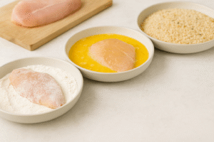 Chicken Parmesan step 1 – chicken breast being coated in flour, beaten eggs, and breadcrumb-Parmesan mixture.