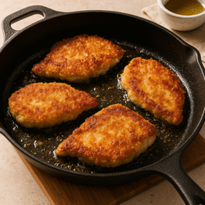 Chicken Parmesan step 2 – breaded chicken frying in olive oil until golden brown in skillet