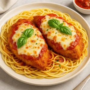 Chicken Parmesan final dish – crispy breaded chicken topped with melted mozzarella and marinara sauce, served over spaghetti with fresh basil.