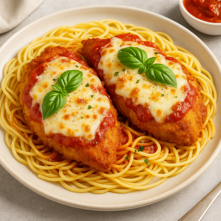 Chicken Parmesan final dish – crispy breaded chicken topped with melted mozzarella and marinara sauce, served over spaghetti with fresh basil.