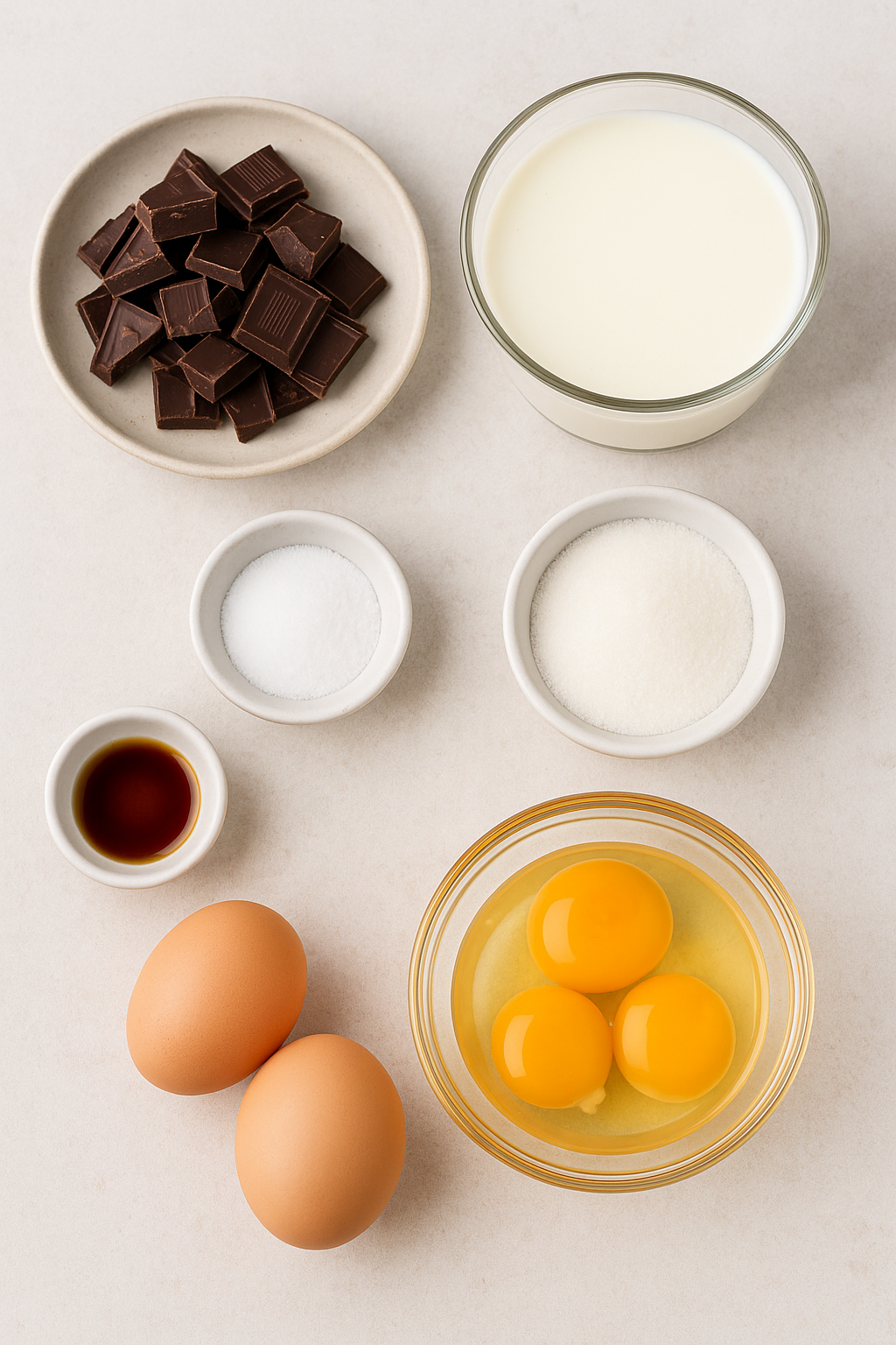 Chocolate Mousse ingredients – dark chocolate, eggs, sugar, heavy cream, vanilla extract, and salt arranged on a kitchen surface.