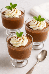 Chocolate Mousse final dish – airy chocolate mousse served in glass cups with whipped cream, chocolate shavings, and mint leaves.