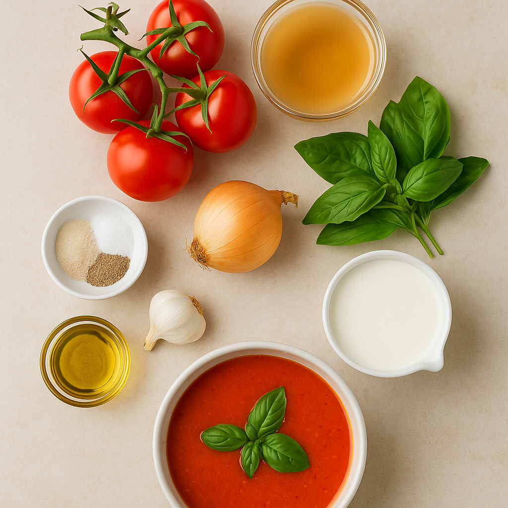Ingredients for creamy tomato basil soup (tomatoes, basil, onion, garlic, cream)