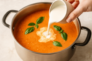 Stirring in cream and fresh basil after blending