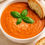 Creamy tomato basil soup served with basil and Parmesan