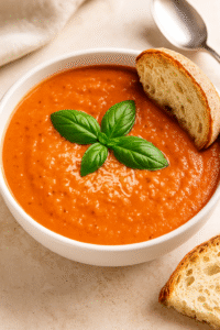 Creamy tomato basil soup served with basil and Parmesan