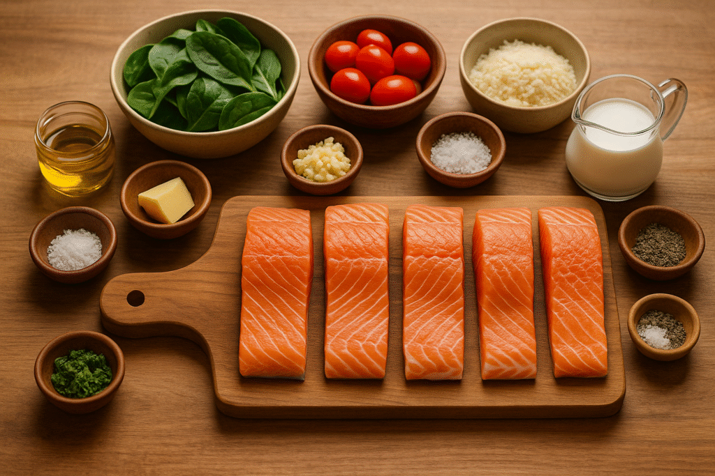 All ingredients for creamy garlic tuscan salmon — salmon fillets, spinach, cherry tomatoes, garlic, cream, and Parmesan on a rustic wooden counter.