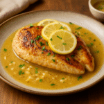 Creamy garlic chicken served on a plate with lemon slices and parsley, ready to eat.