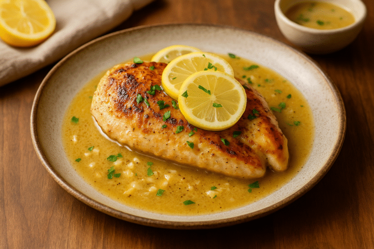 Creamy garlic chicken served on a plate with lemon slices and parsley, ready to eat.