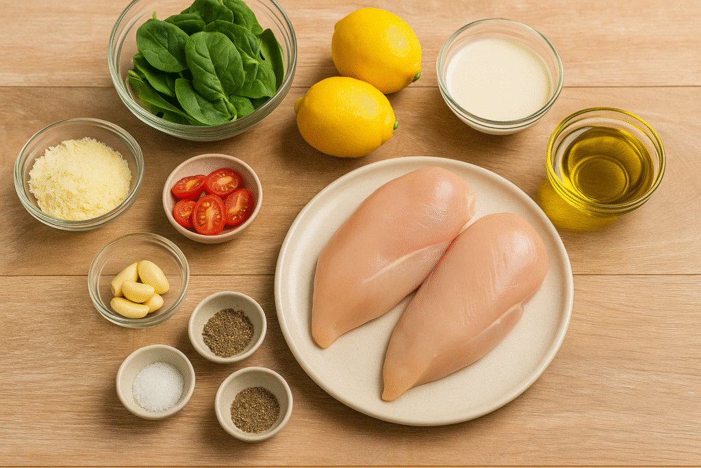 Fresh ingredients for lemon garlic chicken arranged on a rustic wooden table — chicken breasts, garlic cloves, lemons, olive oil, butter, parsley, and spices ready to cook a Mediterranean dinner.