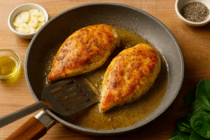 Chicken breasts searing in a skillet until golden brown — first step in making creamy garlic chicken.