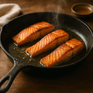 Salmon fillets sizzling in a hot skillet with olive oil, creating a golden crust.