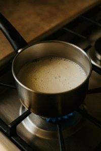 Heating milk and water in a saucepan to start cooking blueberry oatmeal.