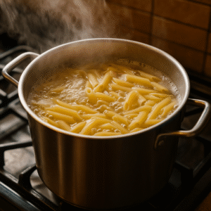 Boiling penne pasta in a pot of salted water for Penne all’Arrabbiata recipe