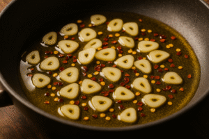 Sautéing sliced garlic in olive oil to start the Penne all’Arrabbiata sauce