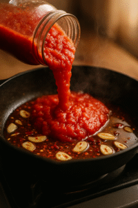 Pouring crushed tomatoes into the pan to prepare Penne all’Arrabbiata sauce