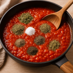 Simmering spicy tomato sauce for authentic Penne all’Arrabbiata