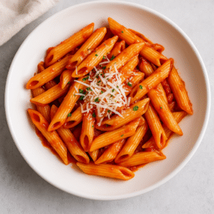 Penne all Arrabbiata served on a white plate topped with Parmesan and parsley