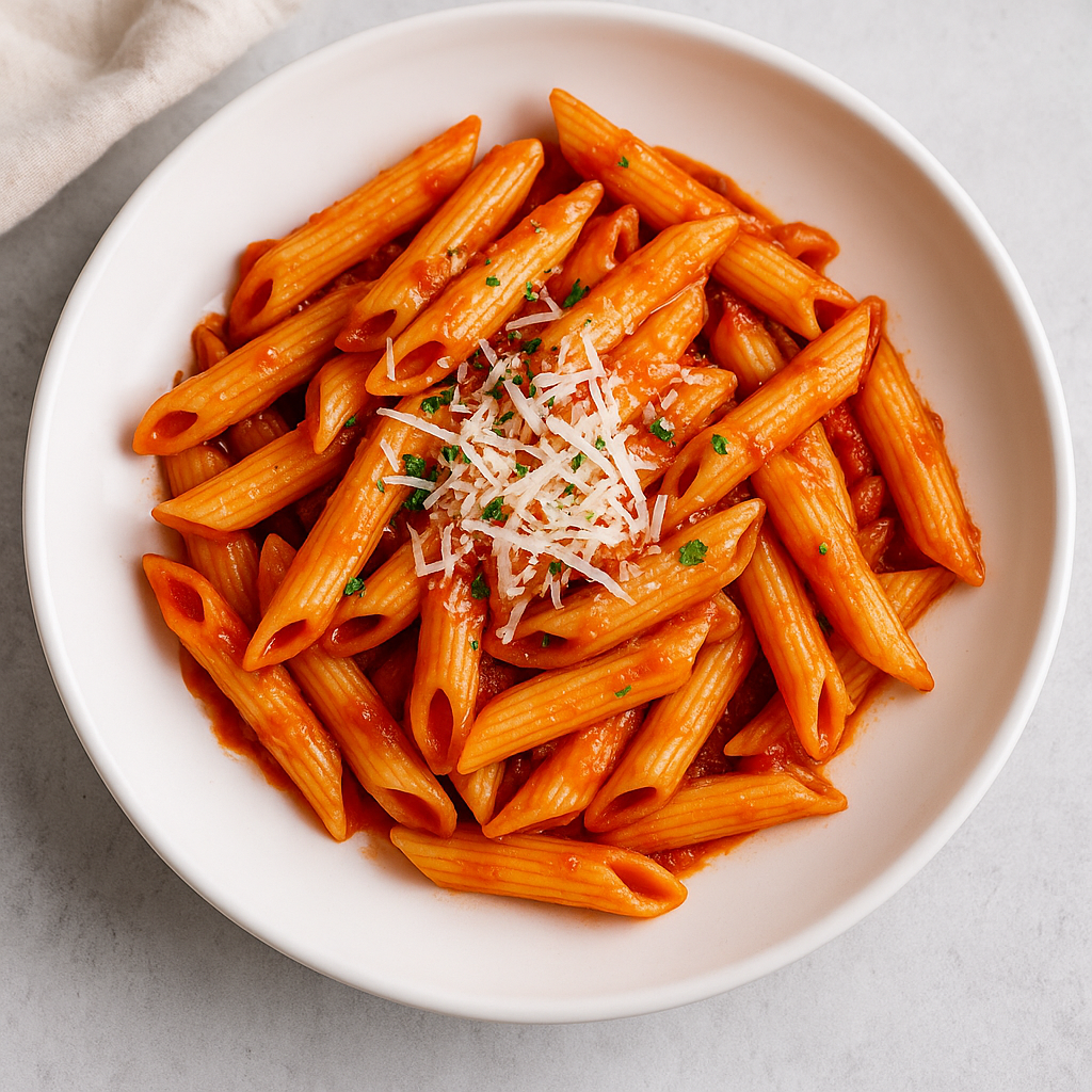 Penne all Arrabbiata served on a white plate topped with Parmesan and parsley