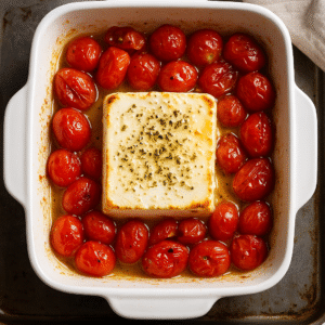 Baked Feta Pasta tomatoes and feta baking in the oven