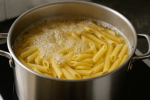 Penne pasta boiling for Baked Feta Pasta recipe