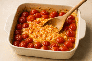 Mixing baked feta and tomatoes with pasta for Baked Feta Pasta
