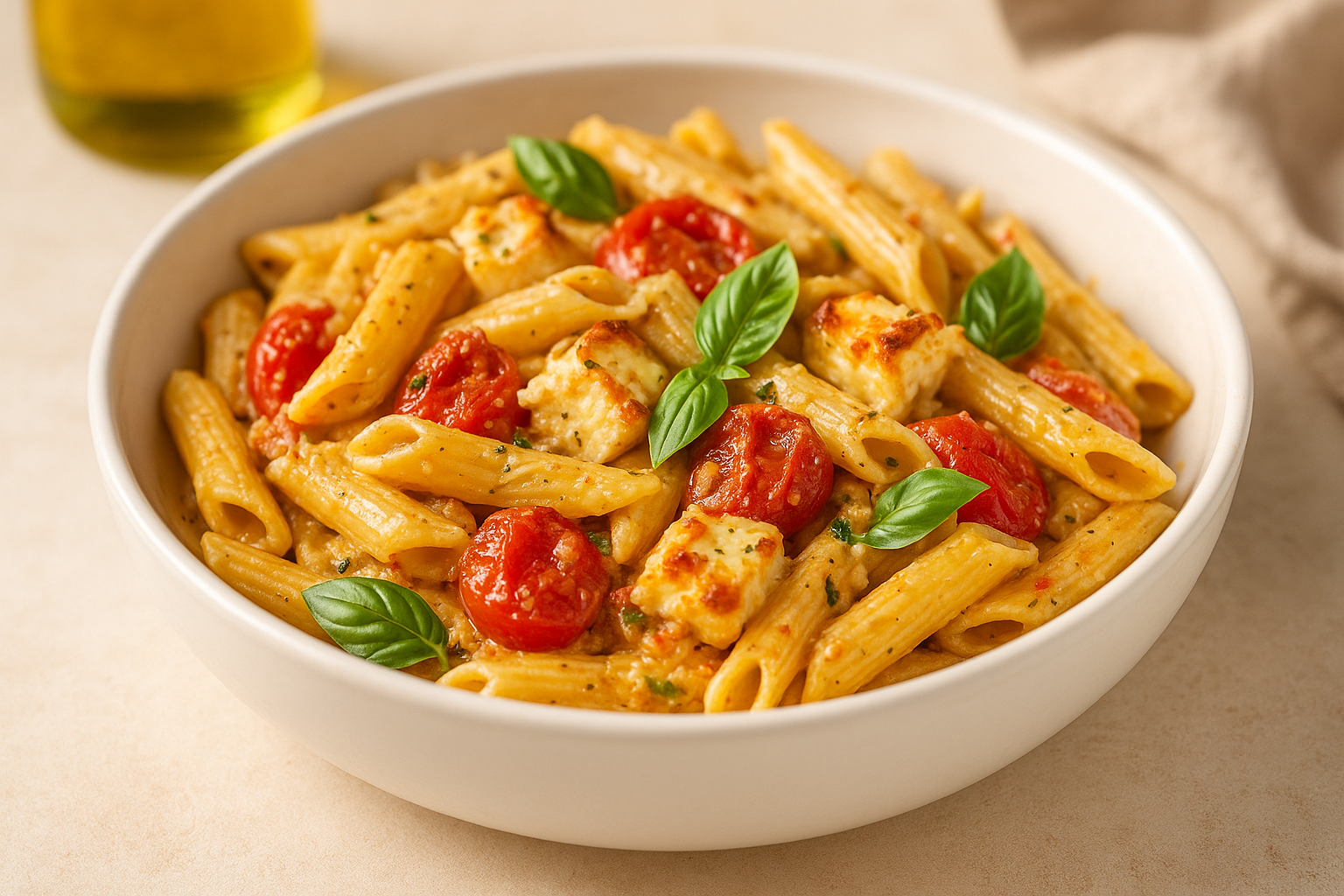 Creamy Baked Feta Pasta served with fresh basil and olive oil