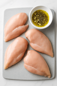 Chicken breasts seasoned and ready to bake for the Caprese Chicken Bake recipe.