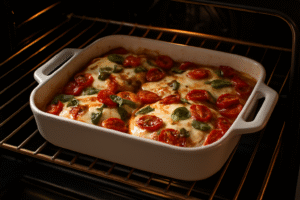 Caprese Chicken Bake in the oven with melted mozzarella and roasted tomatoes.