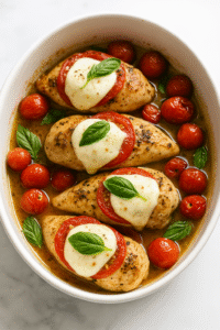 Final Caprese Chicken Bake served with fresh basil and a drizzle of balsamic glaze.