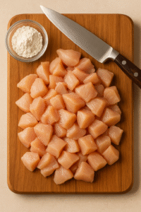 crispy honey garlic chicken bites step 1 prepping bite-sized chicken pieces on cutting board