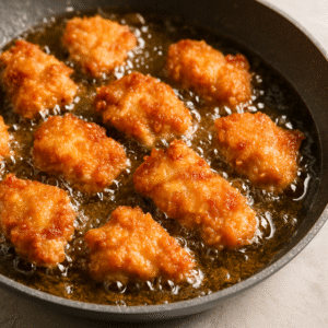 crispy honey garlic chicken bites step 4 frying chicken in hot oil until golden and crunchy