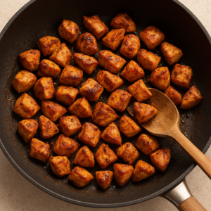Cajun-seasoned chicken pieces searing in a skillet for the Creamy Cajun Chicken Orzo recipe.